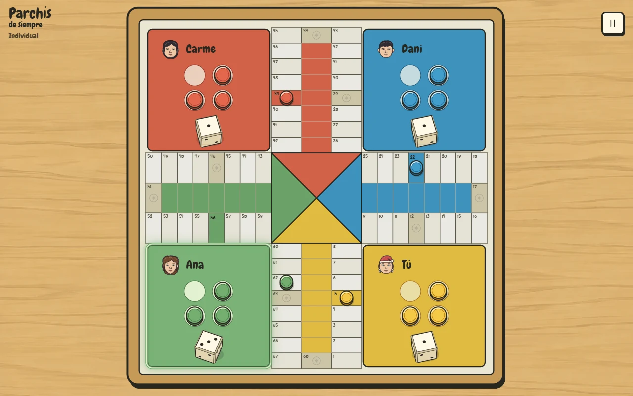 Parchís de siempre sobre una mesa de madera, con fichas de cuatro colores, dados y avatares.